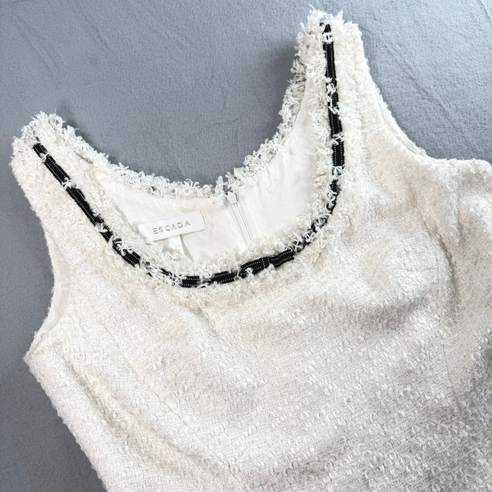 Vintage Escada White Tweed Boucle Sheath Dress 38 Slovenia Luxury Ribbon Trim - Picture 5 of 8